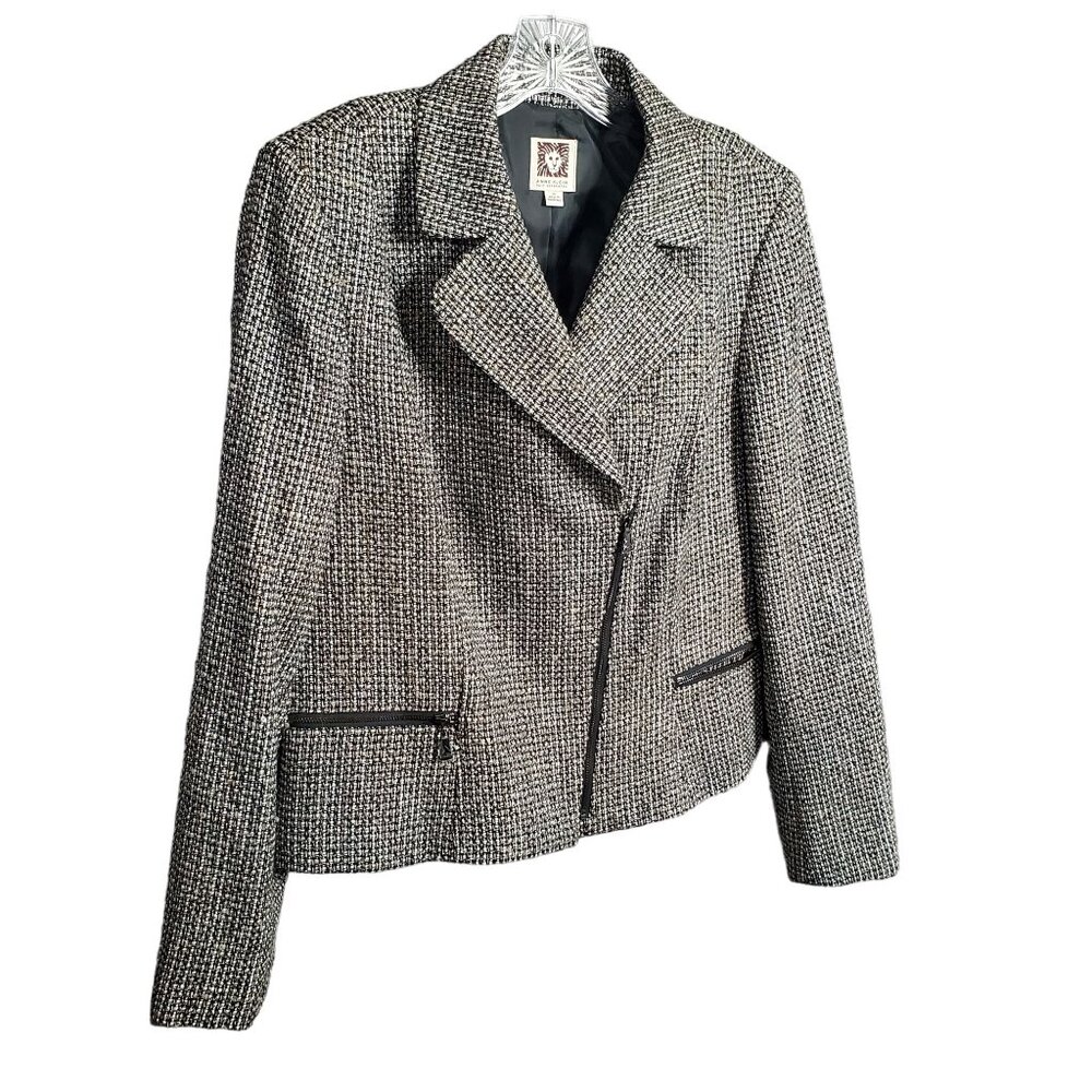 Anne Klein Size 14 Blazer Jacket Tweed Metallic Asymmetrical Zip Wool Blend